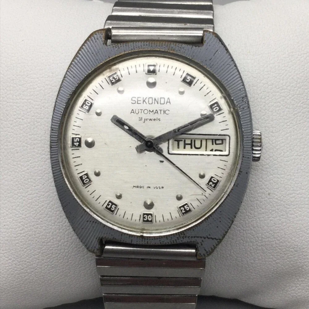 Vintage Sekonda USSR Automatic 31 Jewels Mens Watch 37mm Silver Day Date 7.5